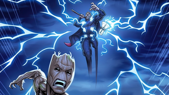 Thor and Baby Groot in a lightning storm