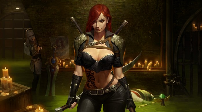 Katarina from League of Legends in a dark room