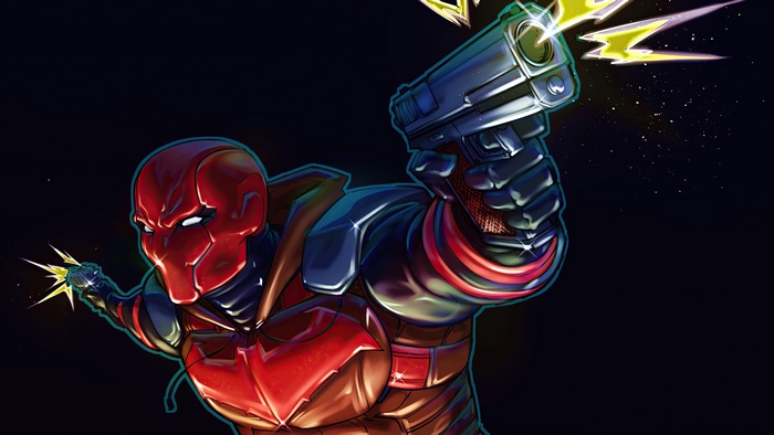 Red Hood with guns firing