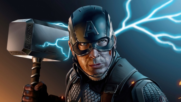 Captain America holding Mjolnir with lightning
