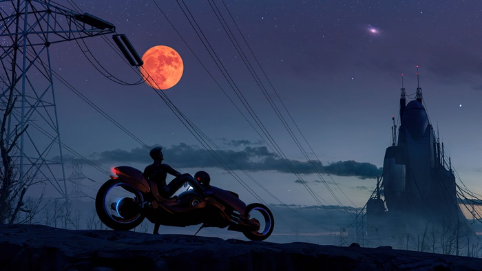 Cyberpunk biker on a motorcycle under a large orange moon