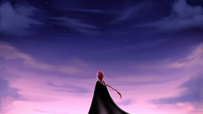 Artwork of a person with red hair and a black cloak