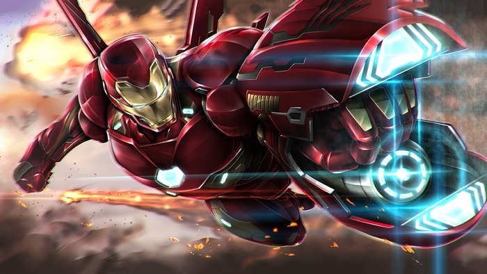 Iron Man in Armor Flying with Energy Blast 4K Artwork