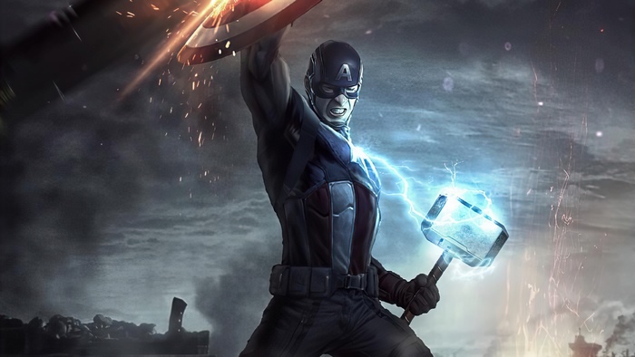 Captain America wielding Mjolnir and his shield