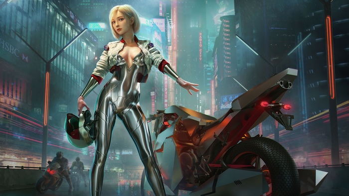 Cyberpunk woman with motorcycle in neon city