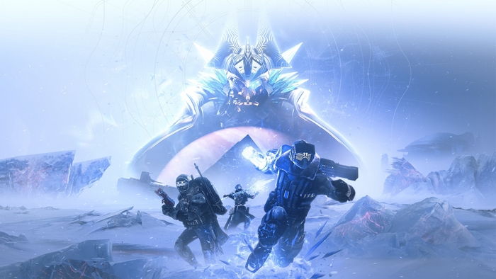 Destiny 2 Guardians facing a large entity in a snowy landscape