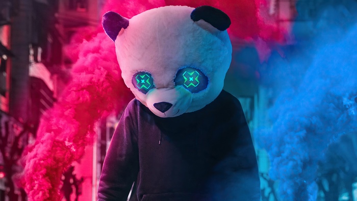 Panda mask with glowing eyes and smoke