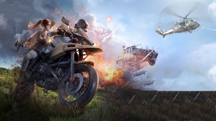 PUBG characters on a motorcycle with helicopter and vehicle