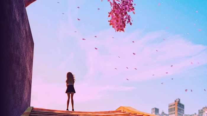 Girl standing on stairs with falling petals