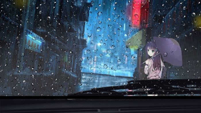 Anime girl with umbrella in rainy city