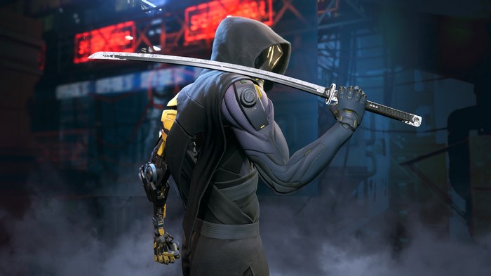 Ghostrunner holding a katana in a cyberpunk city