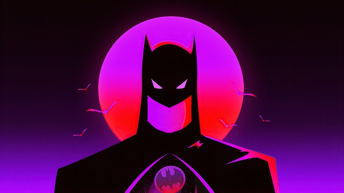 Batman in front of a large moon with bats flying