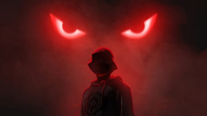 Digital art with red eyes and a person in a hood