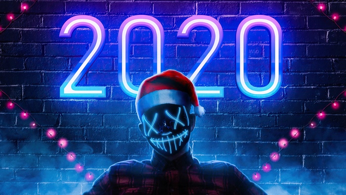 2020 Neon Sign with Person in Santa Hat and Mask