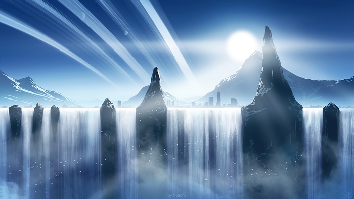 Digital Art Waterfall Landscape with City and Mountains