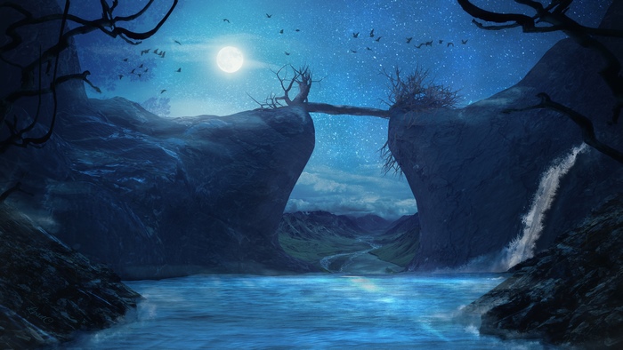 Night scenery with a bridge between cliffs
