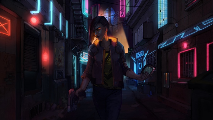 Woman with gun in cyberpunk alley