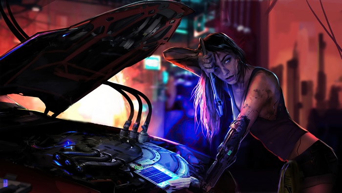 Sci-fi artwork of a woman repairing a vehicle