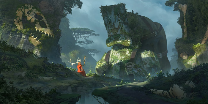 Giant Stone Figures and Skull in Misty Forest