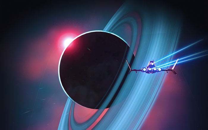 Spaceship near a ringed planet and a red sun in No Man's Sky