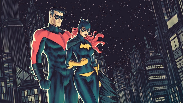 Nightwing and Batgirl in a city at night