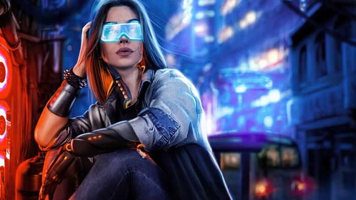Cyberpunk woman with futuristic glasses in a neon city