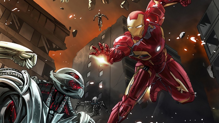 Iron Man fighting Ultron robots in a destroyed city