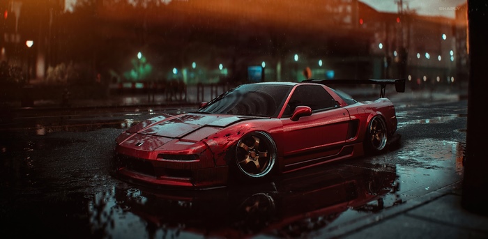 Red Honda NSX in Rainy Night City