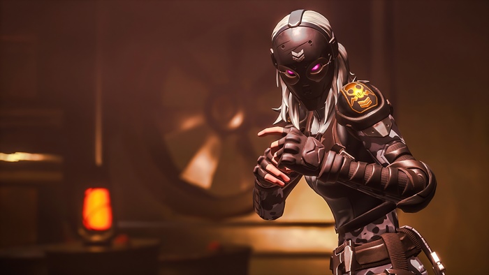 Fortnite character with skull emblem on shoulder
