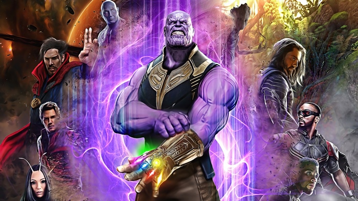 Thanos from Avengers with Infinity Gauntlet and other superheroes