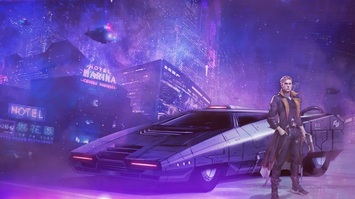 Blade Runner 2049 character with futuristic car