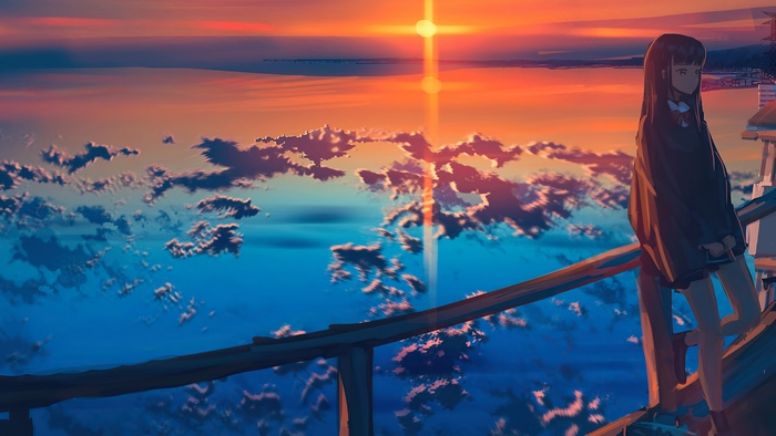 Anime girl watching sunset over clouds