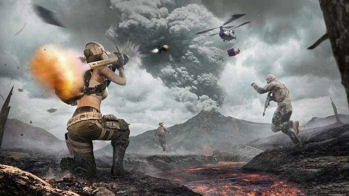 PlayerUnknown's Battlegrounds soldiers in volcanic eruption