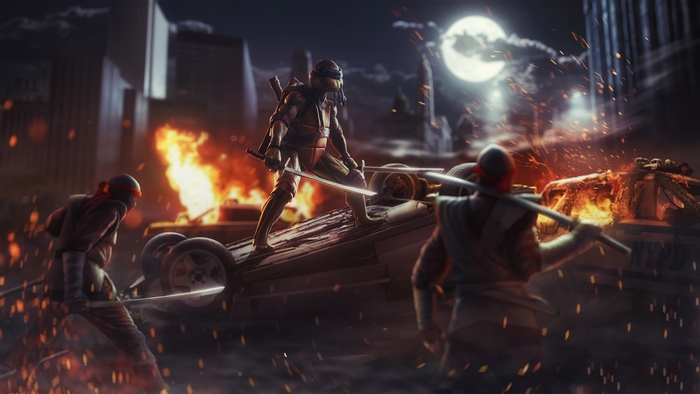 Teenage Mutant Ninja Turtles in a city at night