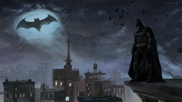 Batman on a rooftop in Gotham City with Bat-Signal