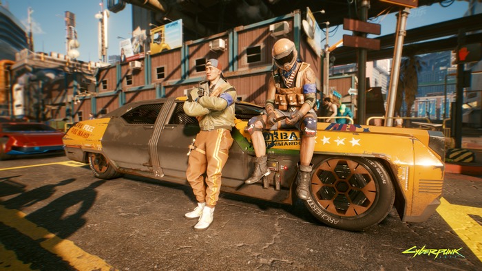 Two men with a car in Cyberpunk 2077 4K