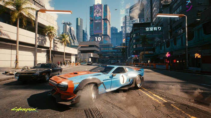 Cyberpunk 2077 racing cars in a futuristic city 4K