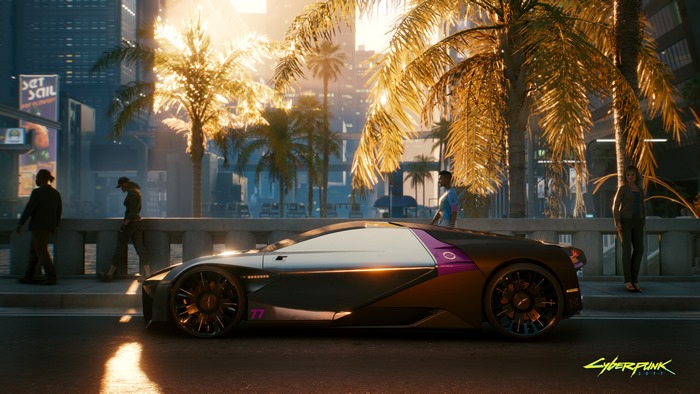 Cyberpunk 2077 car with people on sidewalk