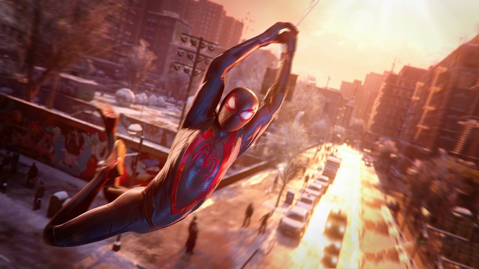 Spider-Man Miles Morales swinging through a city