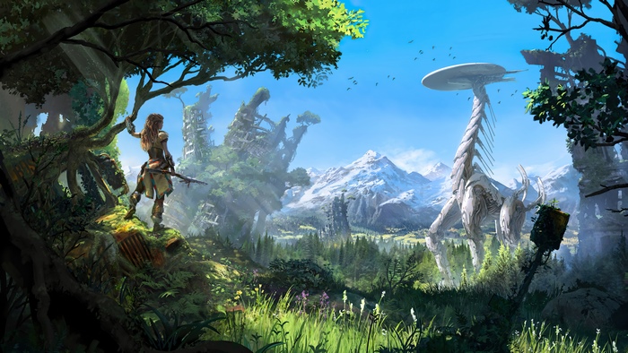 Aloy from Horizon Zero Dawn in a post-apocalyptic landscape