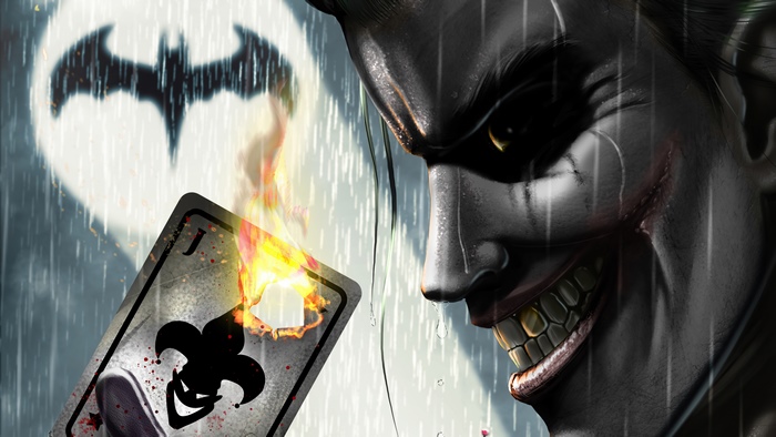 Joker holding a burning Jack of Spades card