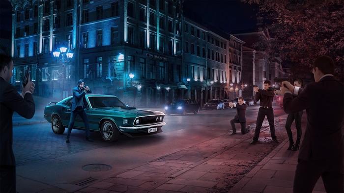 John Wick in a shootout with a vintage car