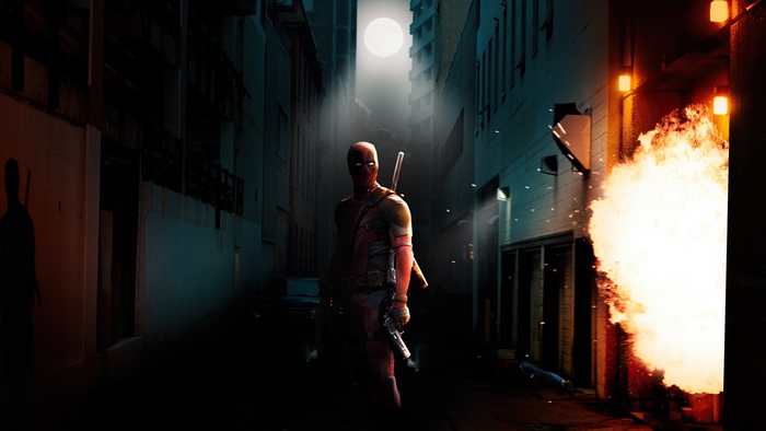 Deadpool in a dark alley with an explosion