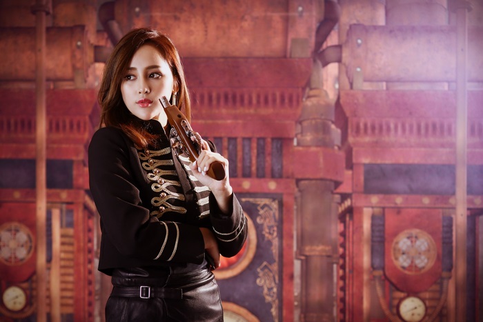 Woman in Steampunk Outfit Holding a Pistol