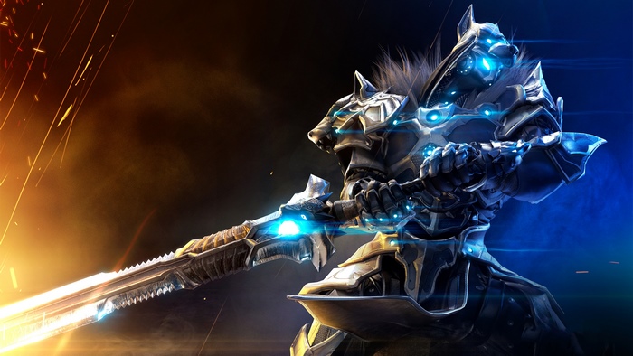 Knight with wolf helmet and glowing sword in Godfall 4K