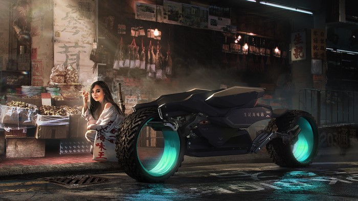 Cyberpunk woman with futuristic motorcycle in market