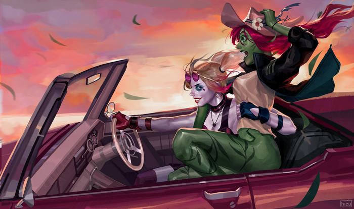 Harley Quinn and Poison Ivy driving a car