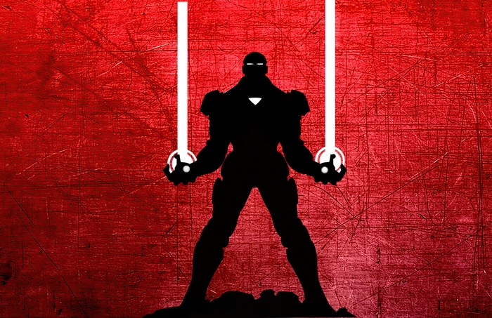 Iron Man silhouette with glowing swords
