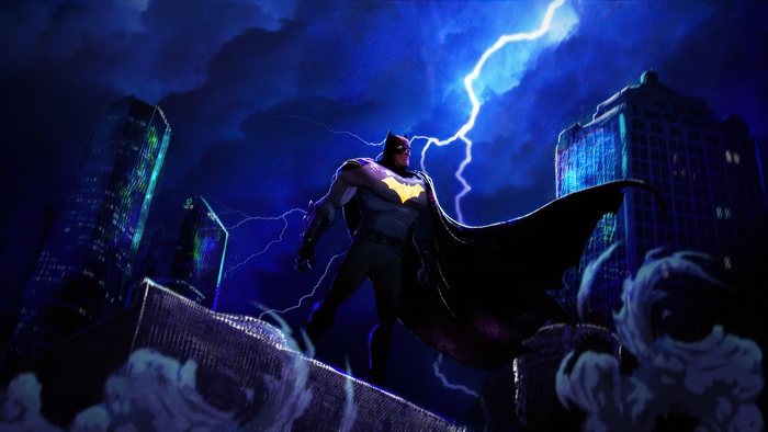Batman standing on a building during a lightning storm