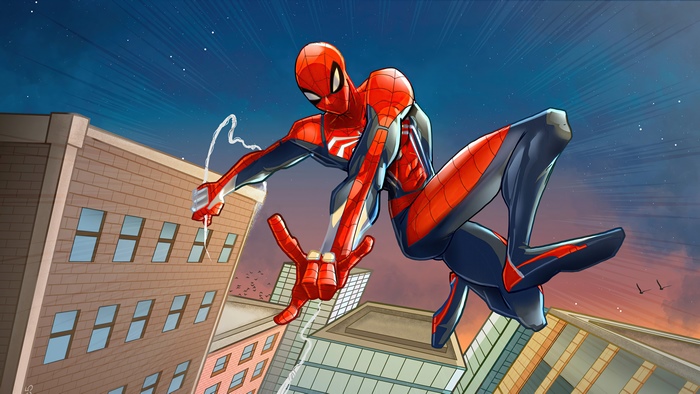 Spider-Man swinging through a city at dusk